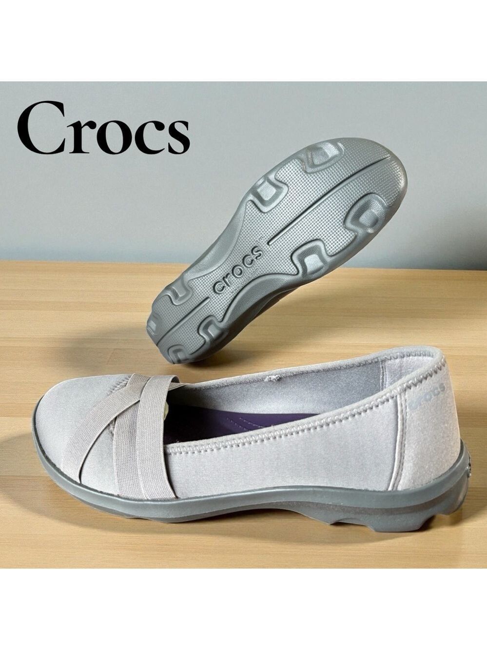 Crocs-women’s 8 “Busy Day” Strappy Flat. Putty gray. Excellent preowned cond!